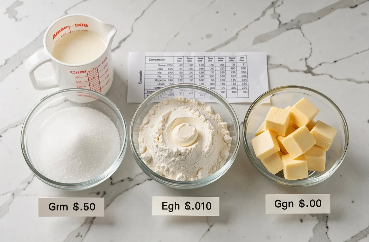 Trois bols en verre alignés sur marbre blanc contenant sucre, farine et beurre avec étiquettes de conversion en grammes et tasse à mesurer