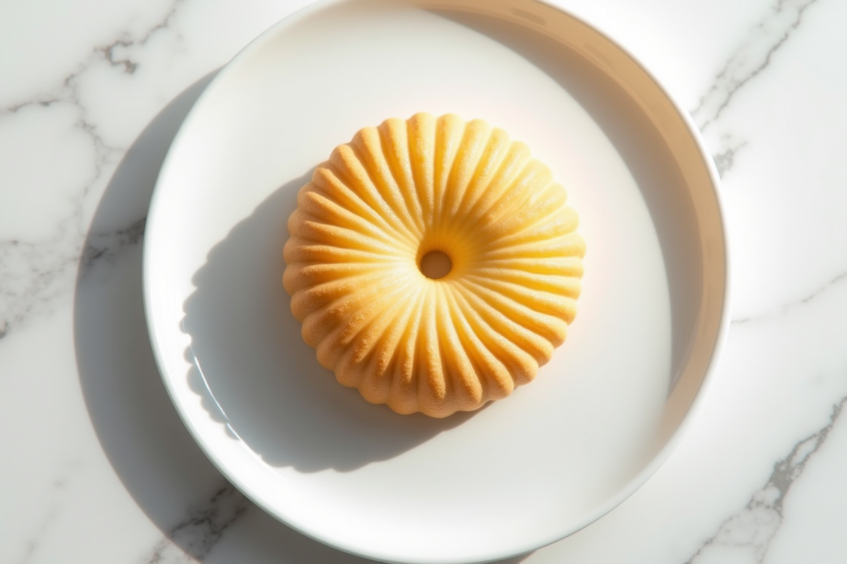 Une dacquoise finie présentée sur une assiette blanche