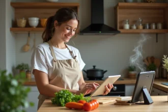 Jeune femme débutante en cuisine suivant une recette sur tablette dans une cuisine moderne et chaleureuse