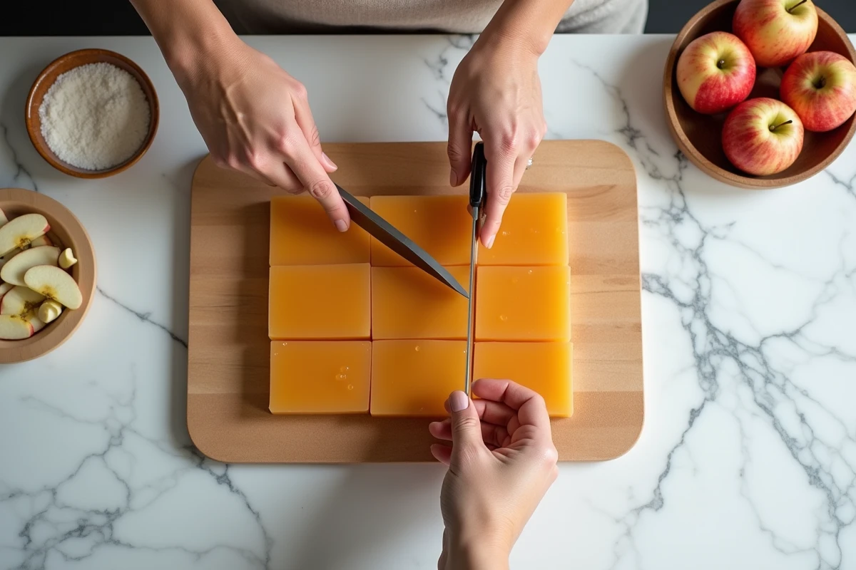 Mains découpant une plaque de pâte de fruit à la pomme en cubes réguliers sur une planche en bois, avec du sucre et des pommes vertes à côté