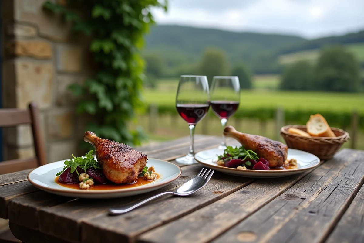 Table de déjeuner en terrasse avec confit de canard et salade de betteraves rôties en accompagnement léger