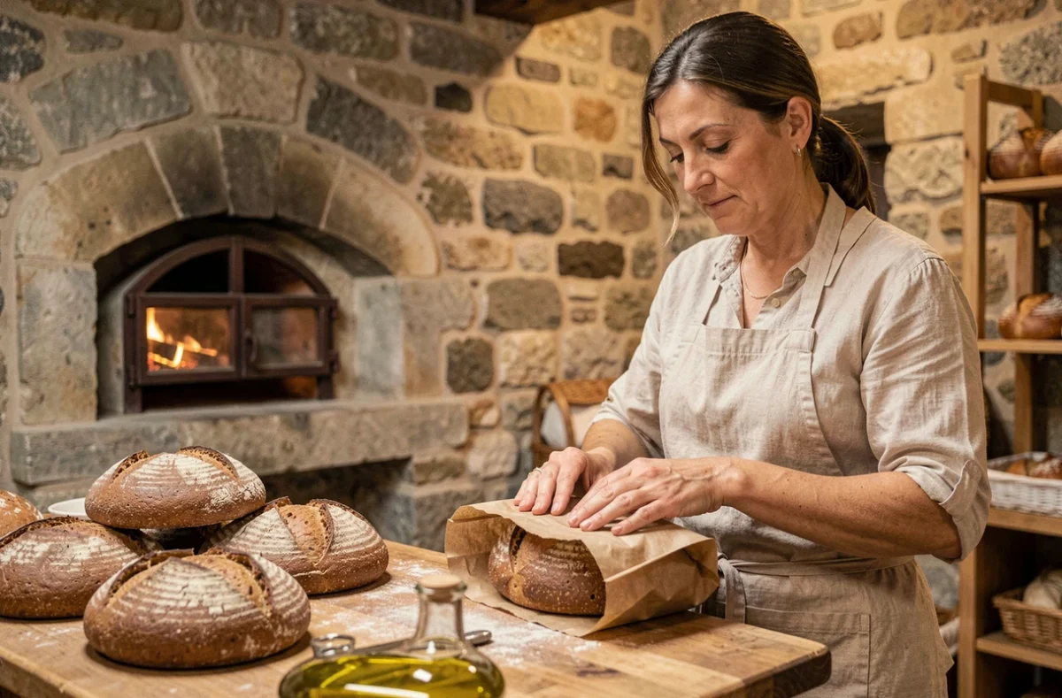 Artisane emballant un pain rustique devant un four à bois en pierre dans la boulangerie Della Casa à Roumoules