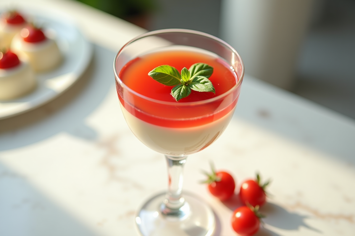 Dessert en verre avec panna cotta et gelée de tomate