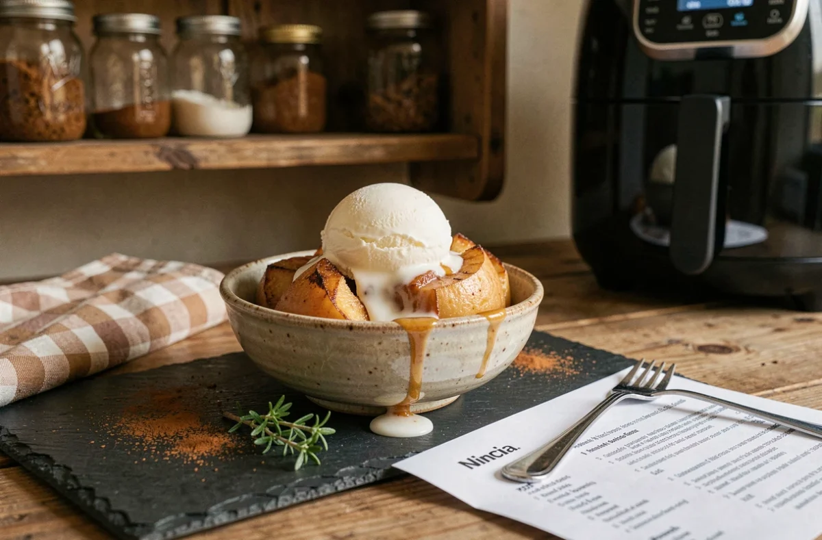Dessert pommes caramélisées au Air Fryer Ninja servi dans un bol en céramique avec une recette PDF imprimée
