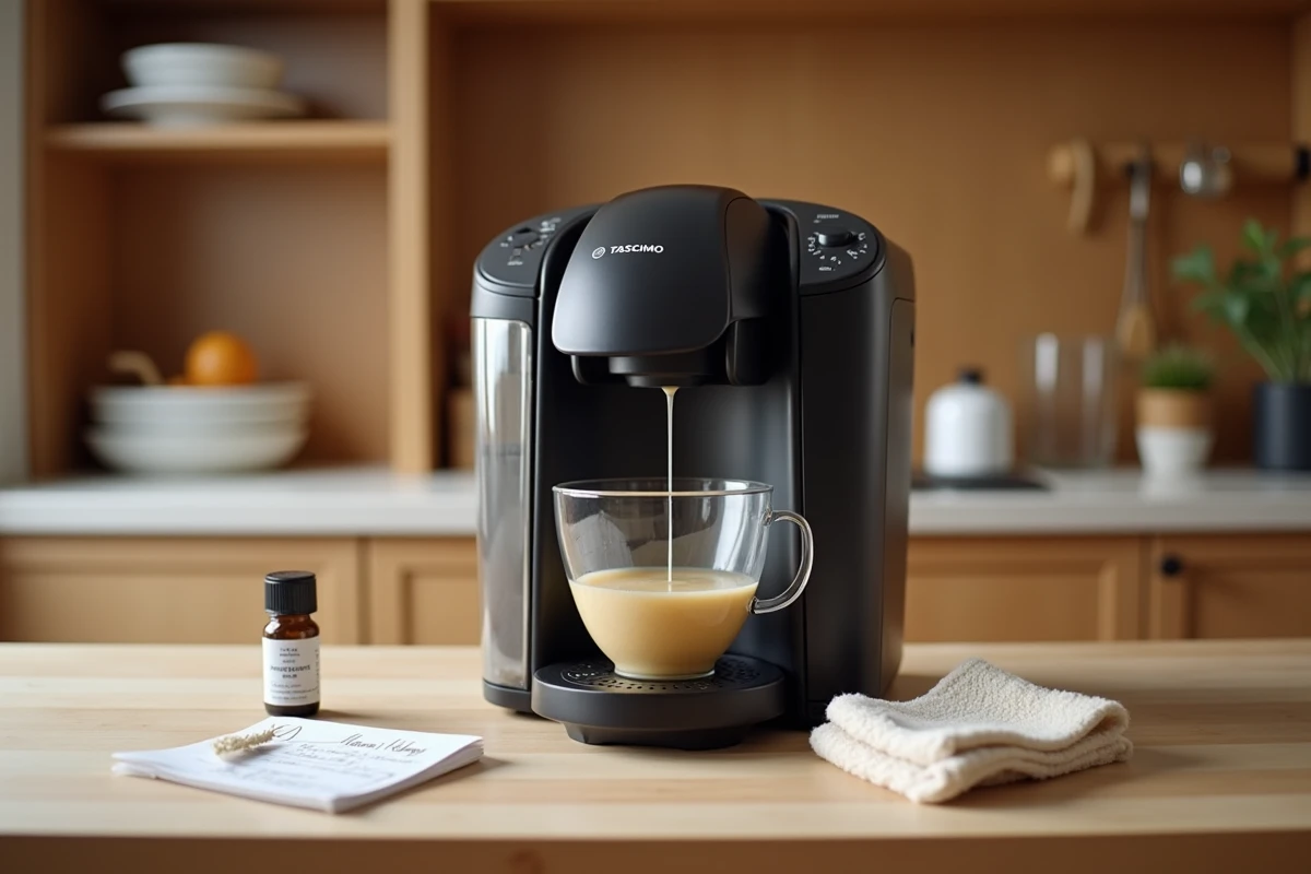 Machine Tassimo Bosch en cours de détartrage manuel avec solution d'acide citrique et bol collecteur sur le plan de travail