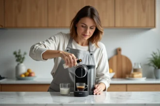 Femme versant une solution détartrante dans une machine Nespresso Magimix sur un plan de travail en marbre blanc