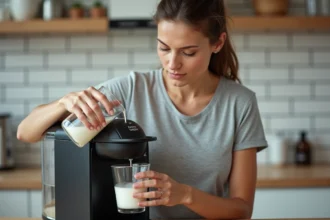 Femme versant du vinaigre blanc dans le réservoir d'une machine Tassimo Bosch pour détartrage sans pastille