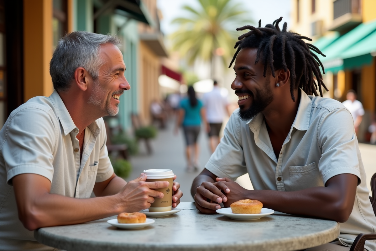Deux hommes discutant à un café en plein air à La Réunion