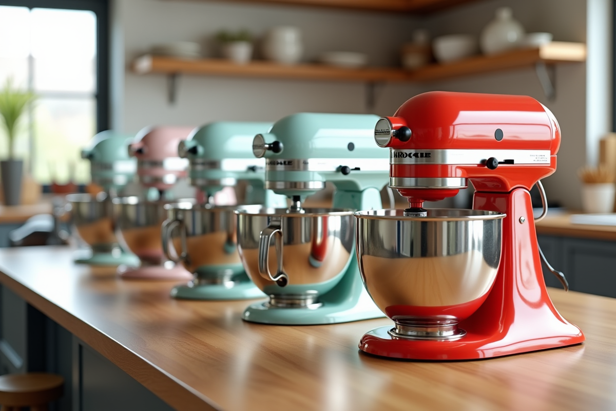 Plusieurs mixeurs colorés alignés dans une cuisine lumineuse
