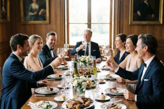 Groupe d'adultes élégants trinquant lors d'un dîner convivial