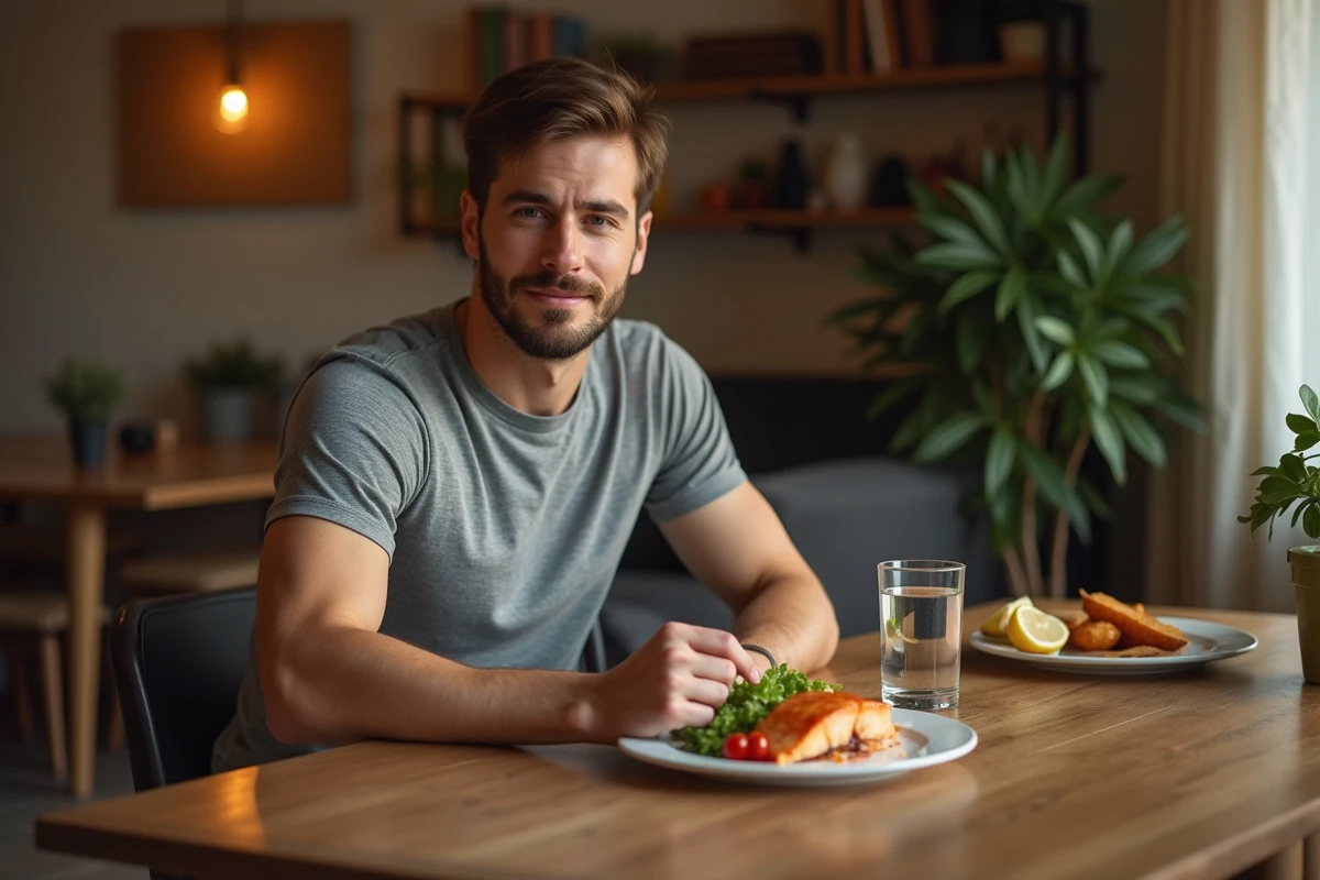 Homme sportif dînant avec un repas de récupération équilibré composé de saumon, patate douce et salade verte