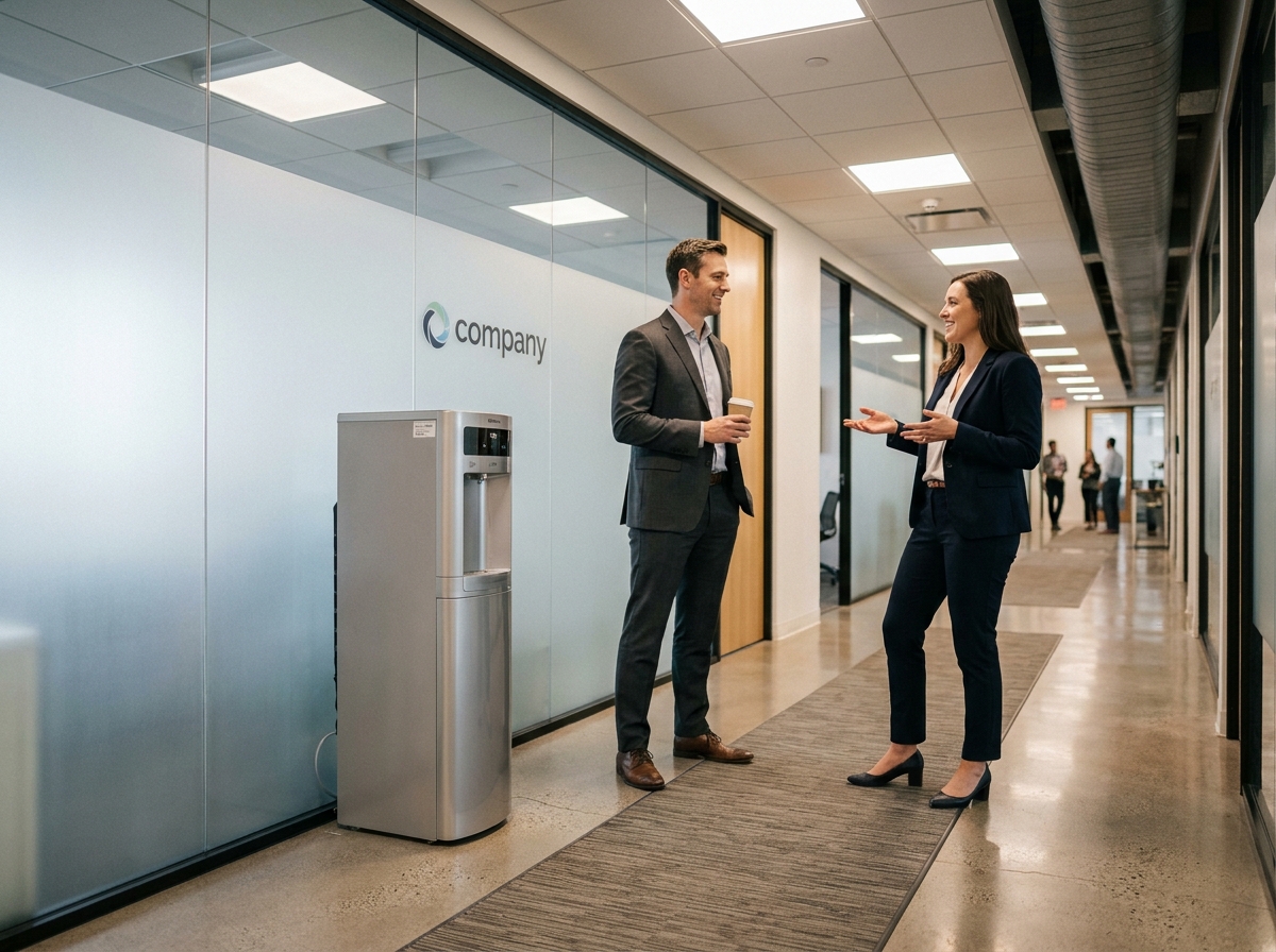 Distributeur d'eau sans bonbonne installé dans un couloir de bureaux avec deux collègues en discussion