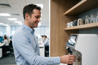 Distributeur d'eau moderne dans une salle de pause d'entreprise avec un employé se servant un verre