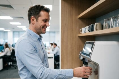 Distributeur d'eau moderne dans une salle de pause d'entreprise avec un employé se servant un verre