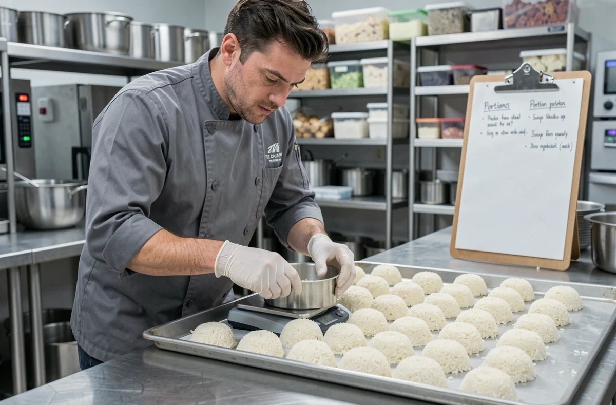 Chef cuisinier pesant des portions de riz au gramme près dans une cuisine professionnelle de traiteur