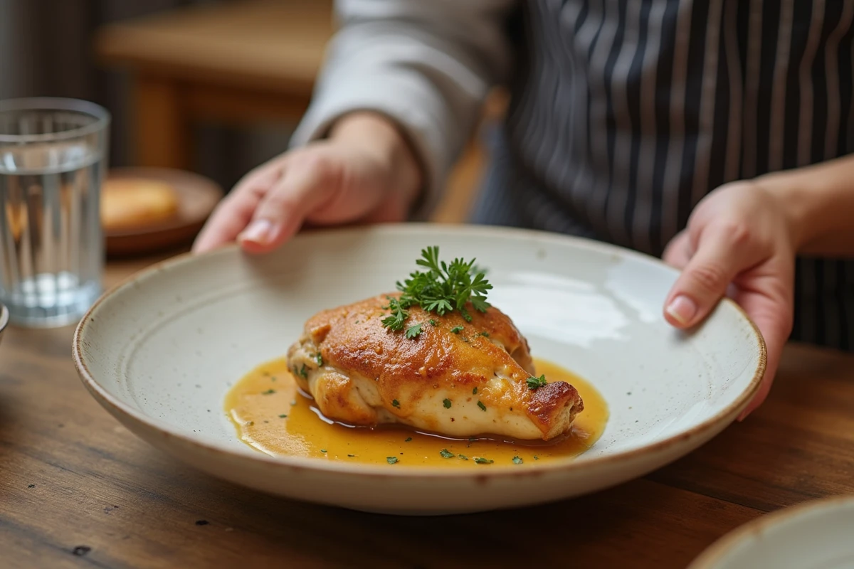 Dressage d'une cuisse de poulet sauce mijotée au Cookeo sur une table en bois rustique