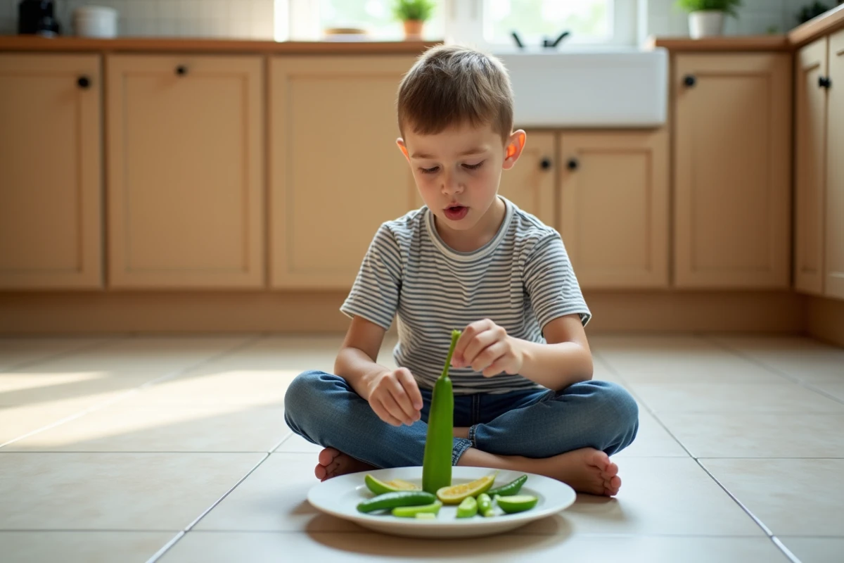Enfant assis sur le sol de la cuisine arrangeant des légumes en s en forme de visage rigolo pour rendre les repas amusants