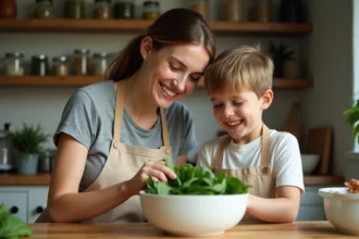Femme et enfant lavant des épinards frais ensemble dans une cuisine en bois, activité ludique autour des légumes en s
