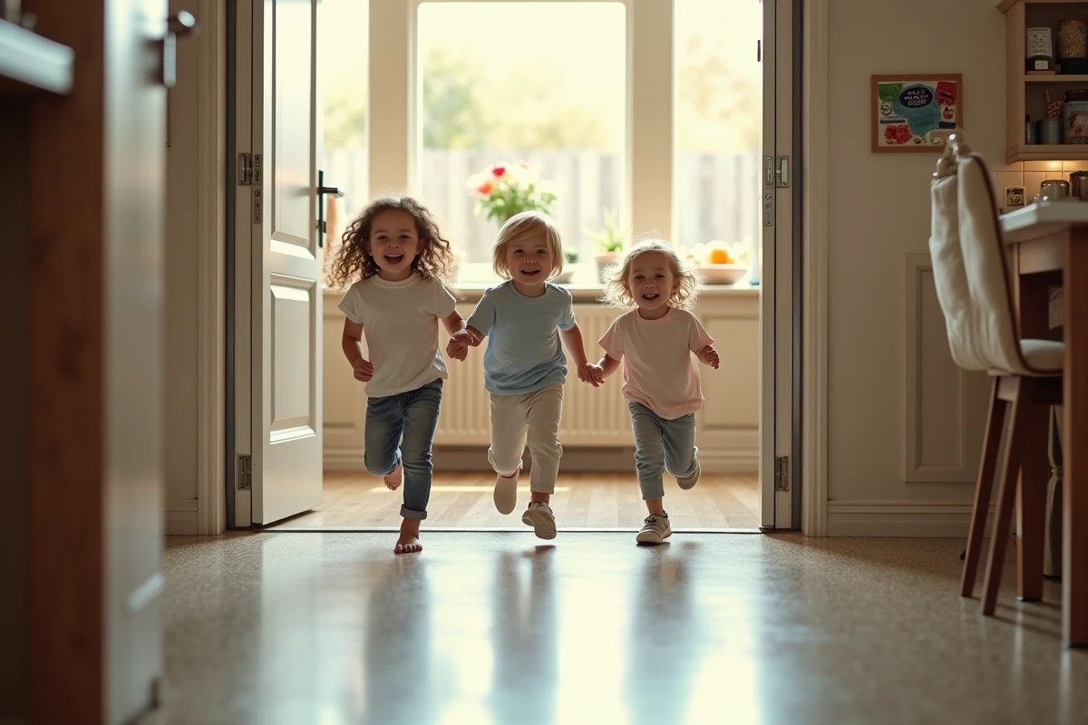 Enfants joyeux entrant dans la cuisine avec porte résistante