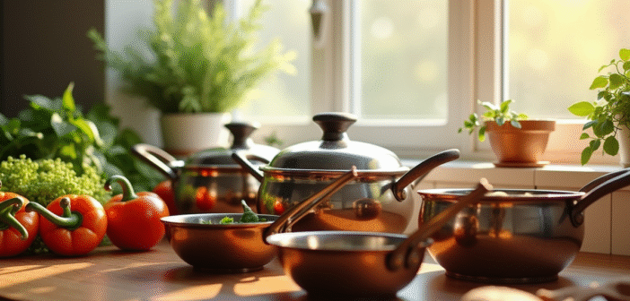 Sélection de casseroles en inox cuivre et fonte sur plan de cuisine lumineux