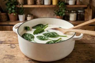Épinards frais mijotant dans du lait entier dans une casserole en céramique blanche sur un plan de travail en bois