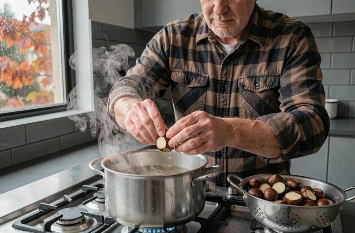Homme pelant des châtaignes bouillies à la vapeur dans une cuisine moderne, retirant la peau après cuisson à l'eau sur une gazinière