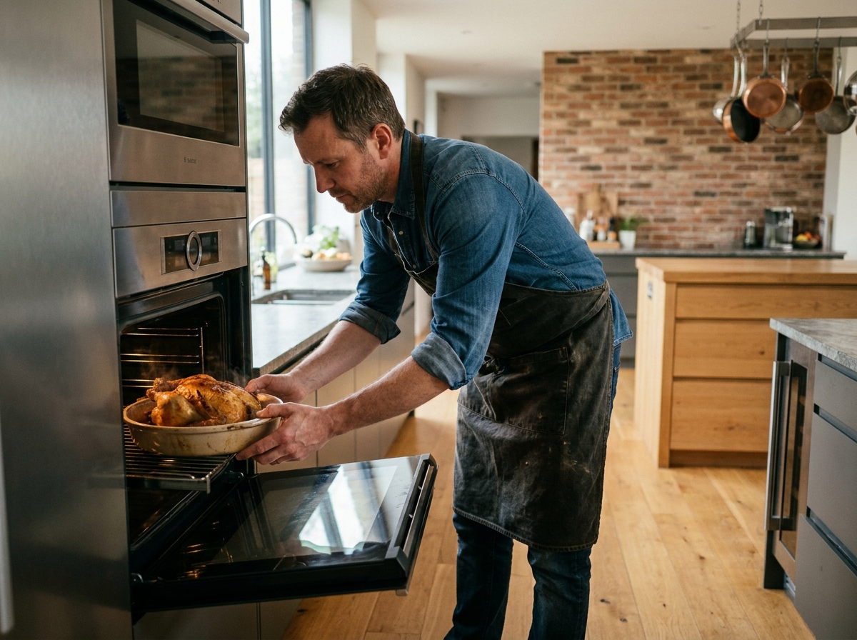 Homme retirant un plat rôti d'un four encastrable à hauteur des yeux dans une cuisine ouverte avec parquet en bois et mur en brique