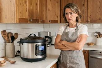 Femme frustrée devant un Cookeo affichant une erreur code 24 dans une cuisine moderne