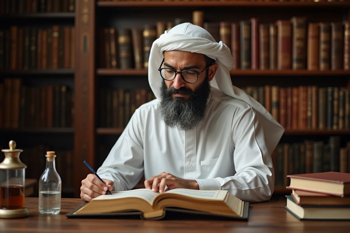Érudit islamique consultant un livre de fiqh sur la question du vinaigre halal dans une bibliothèque traditionnelle