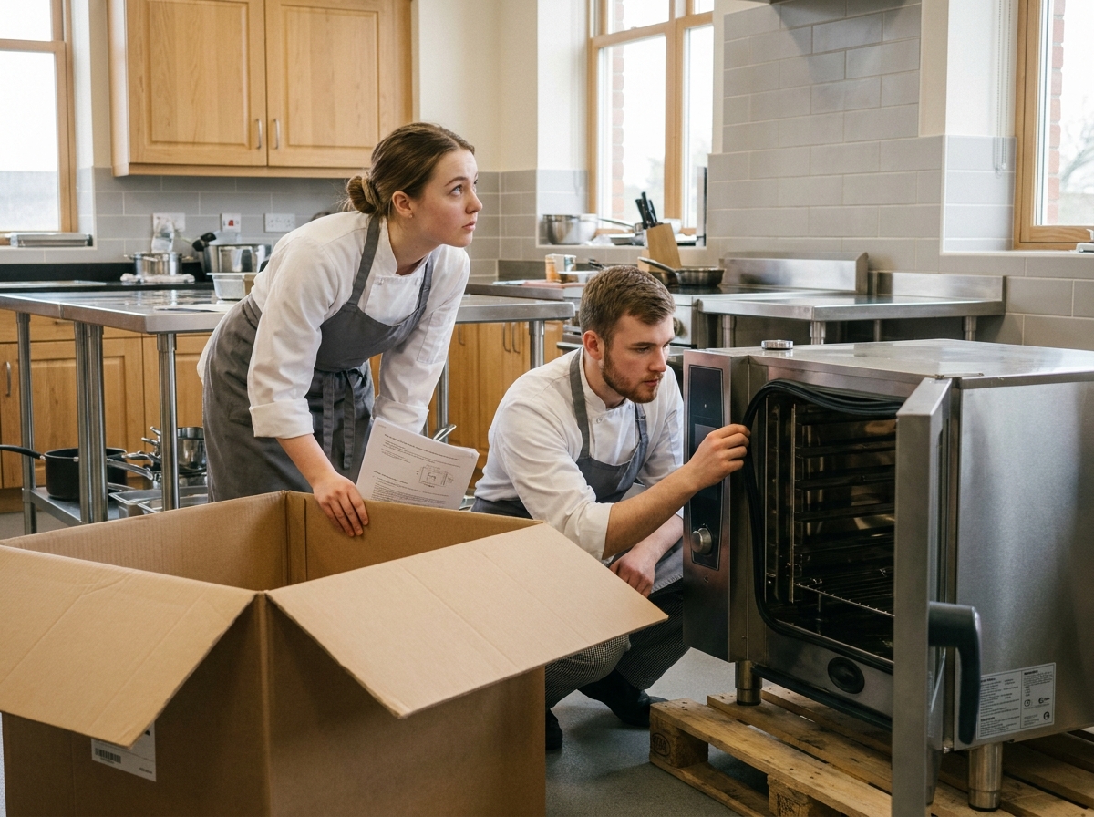 Étudiants en cuisine découvrant un four à convection professionnel dans un établissement scolaire