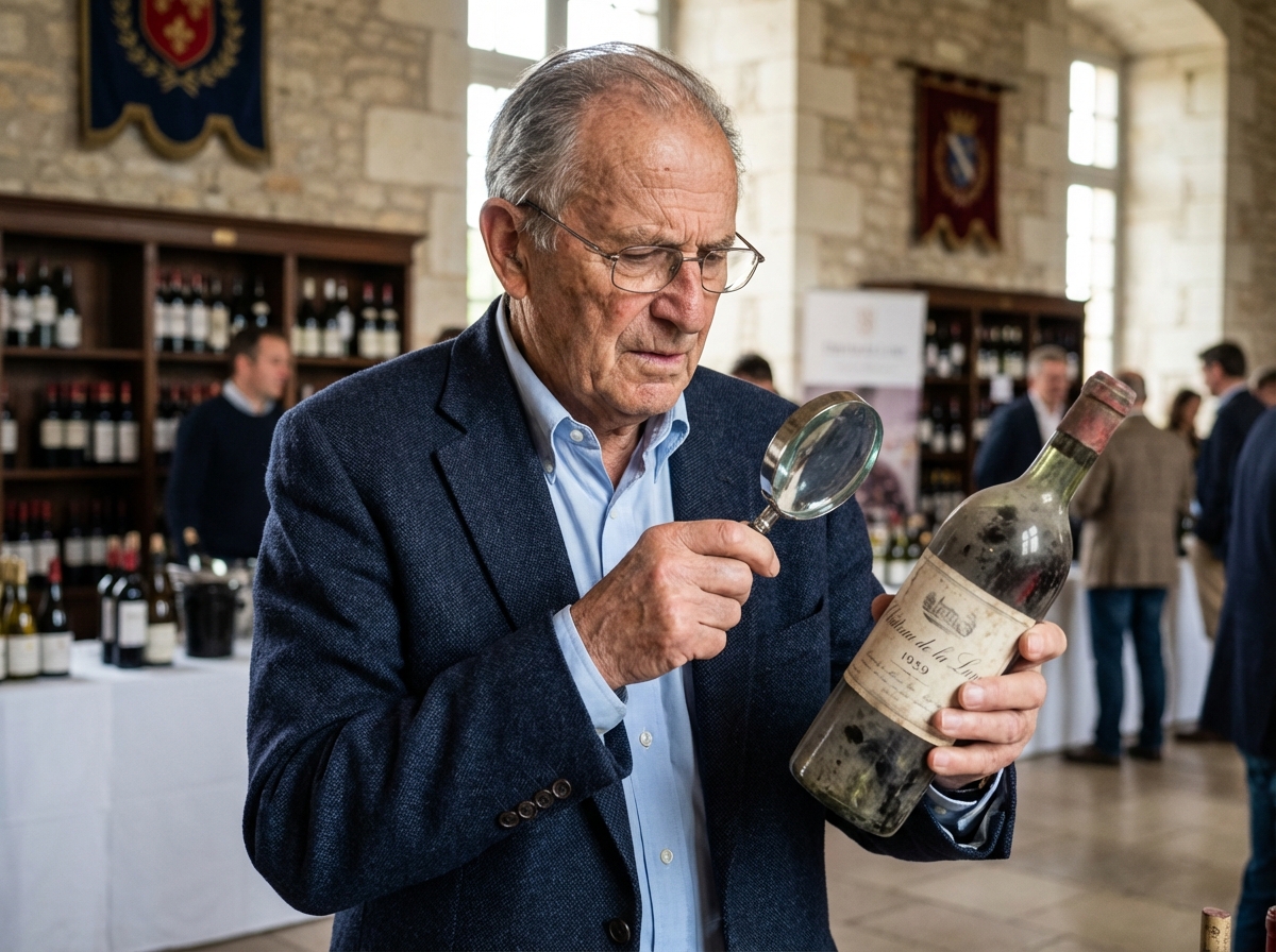 Expert en vin examinant une bouteille vintage en interieur
