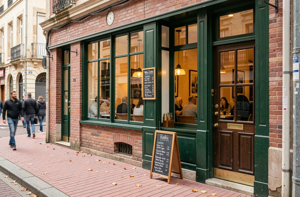 Façade d'un restaurant raclette dans le quartier du Capitole à Toulouse avec devanture en brique rose