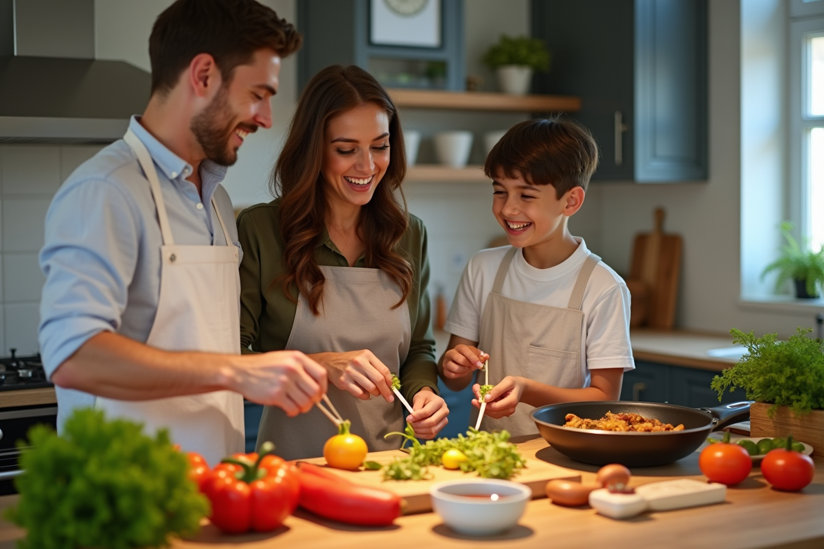 Famille heureuse préparant un dîner sain en cuisine moderne