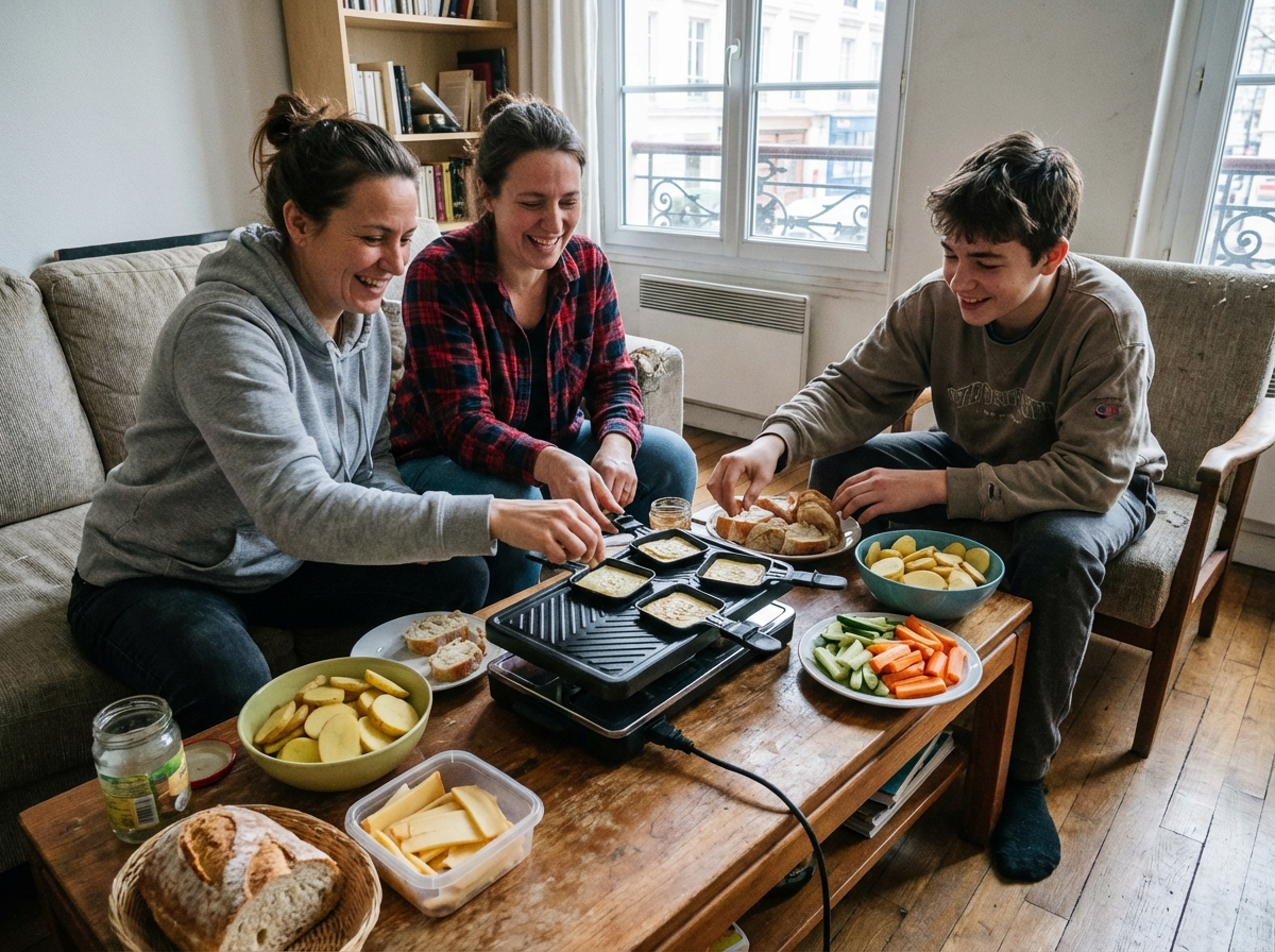 Famille préparant une raclette dans un salon chaleureux