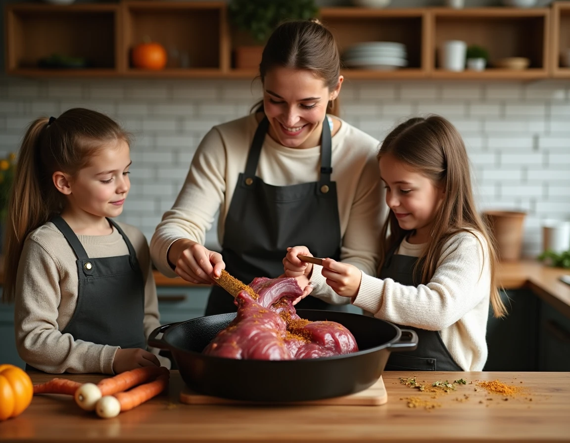 Mère et enfants préparant un gigot de chevreuil aux épices dans une cuisine familiale chaleureuse