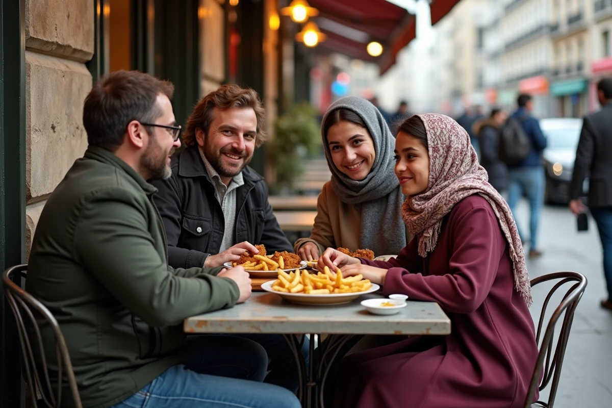 Famille avec repas halal à une terrasse parisienne