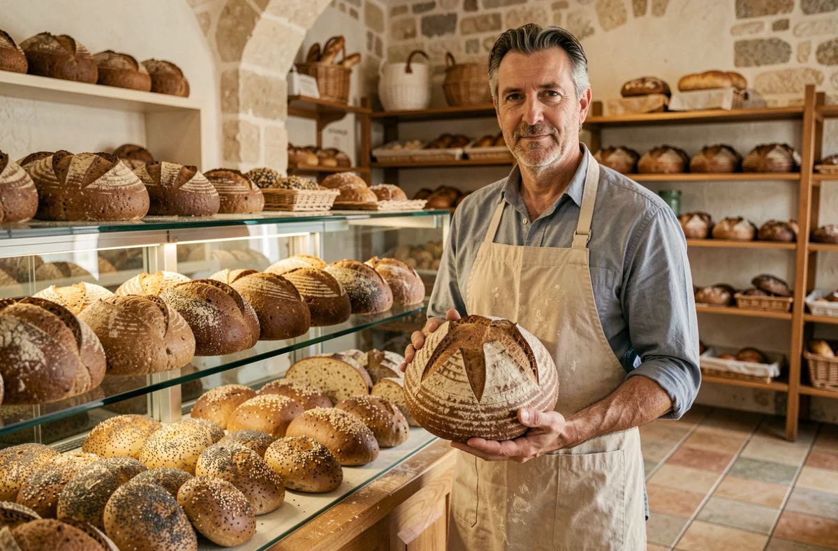 Baker tenant un grand pain aux céréales anciennes devant le comptoir de Farinoman Fou à Aix-en-Provence