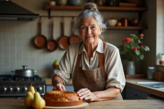 Femme âgée coupant un gâteau aux poires dans une cuisine chaleureuse
