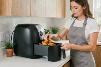 Femme préparant des ailes de poulet croustillantes dans un airfryer Kitchencook sur un plan de travail de cuisine moderne