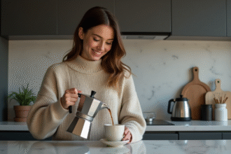 Jeune femme versant du cafe dans une cuisine moderne
