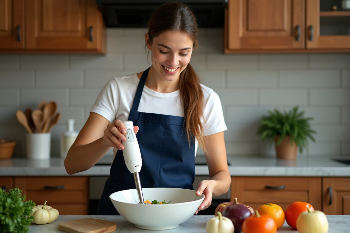 Jeune femme en cuisine maison utilisant un mixeur pour des légumes