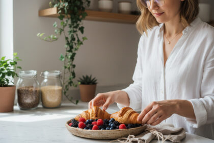 Femme élégante arrangeant croissants dans une cuisine lumineuse