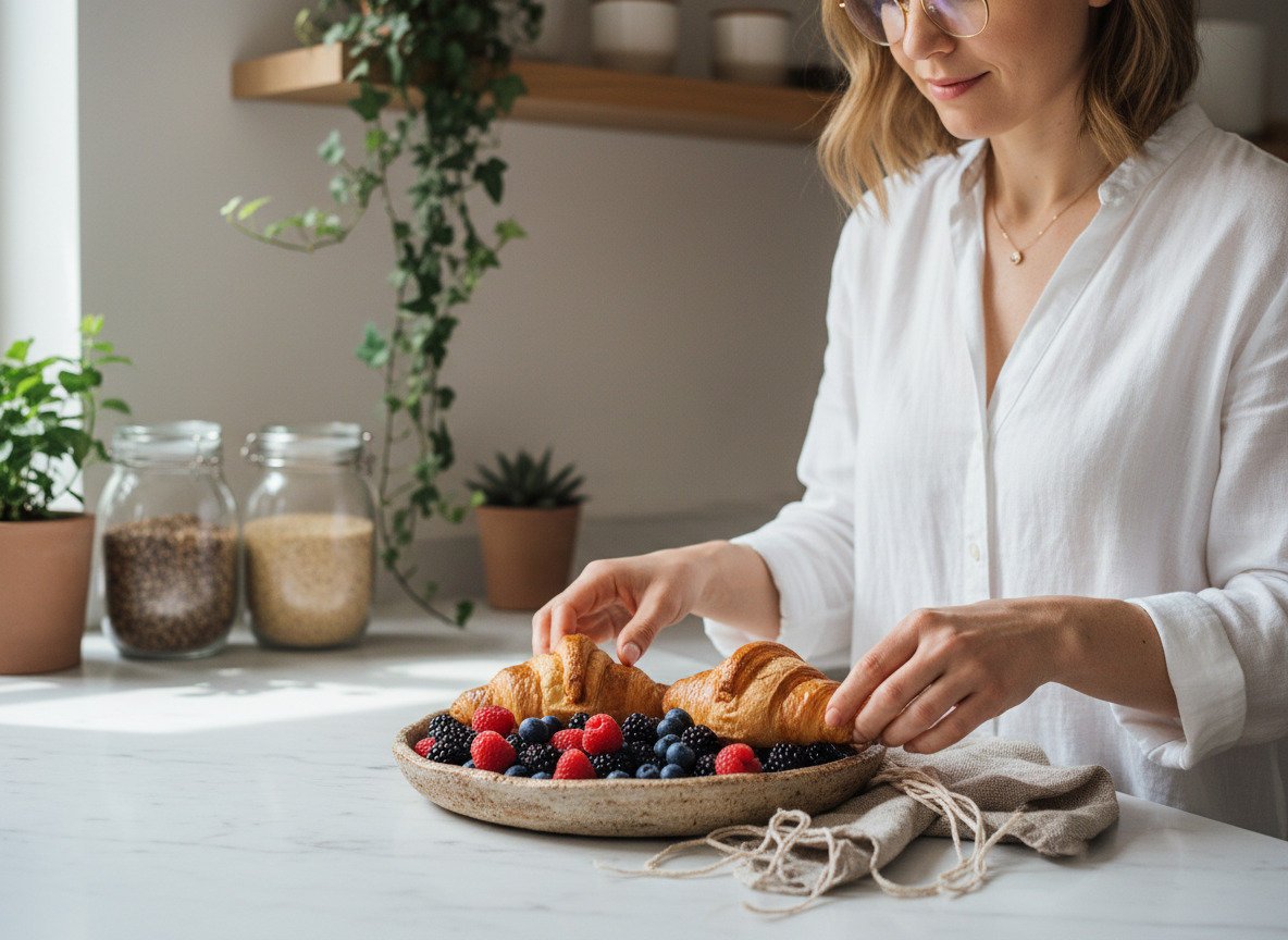 Femme élégante arrangeant croissants dans une cuisine lumineuse