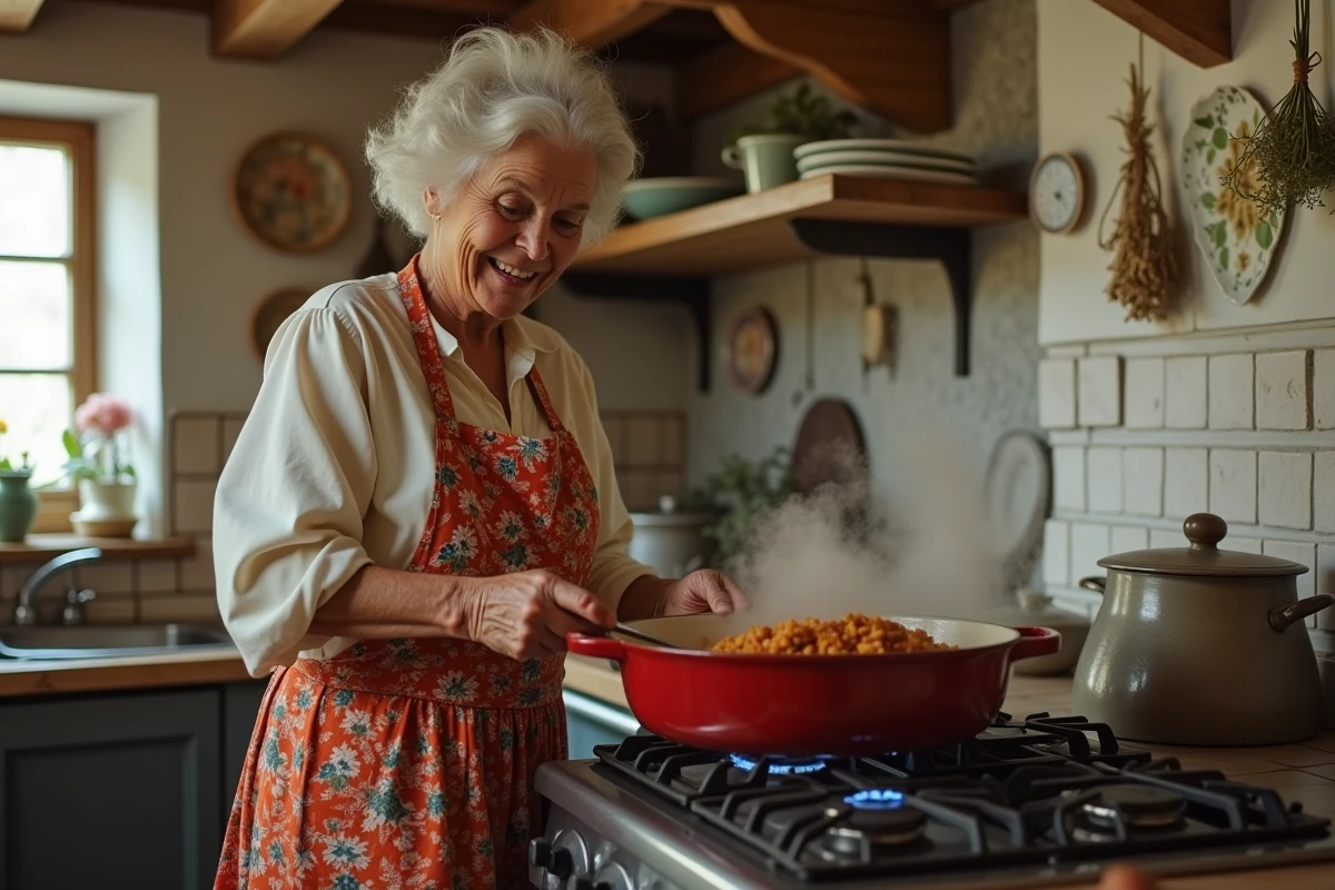 Femme hongroise en tablier floral traditionnel remuant un goulash dans une cuisine authentique avec carrelage en terre cuite et poteries décoratives