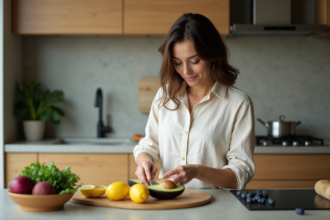 Femme en cuisine coupant des avocats et citrons frais