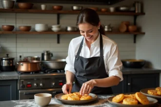 Femme en cuisine bistro préparant des pommes de terre rapée