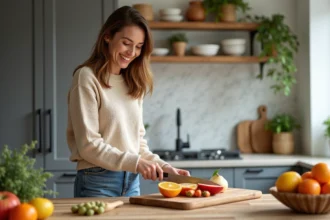 Femme souriante préparant un brunch dans une cuisine moderne
