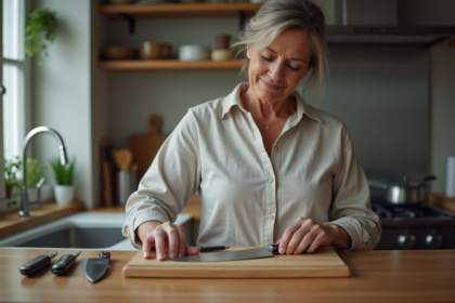 Femme examinant des couteaux de cuisine dans une cuisine moderne