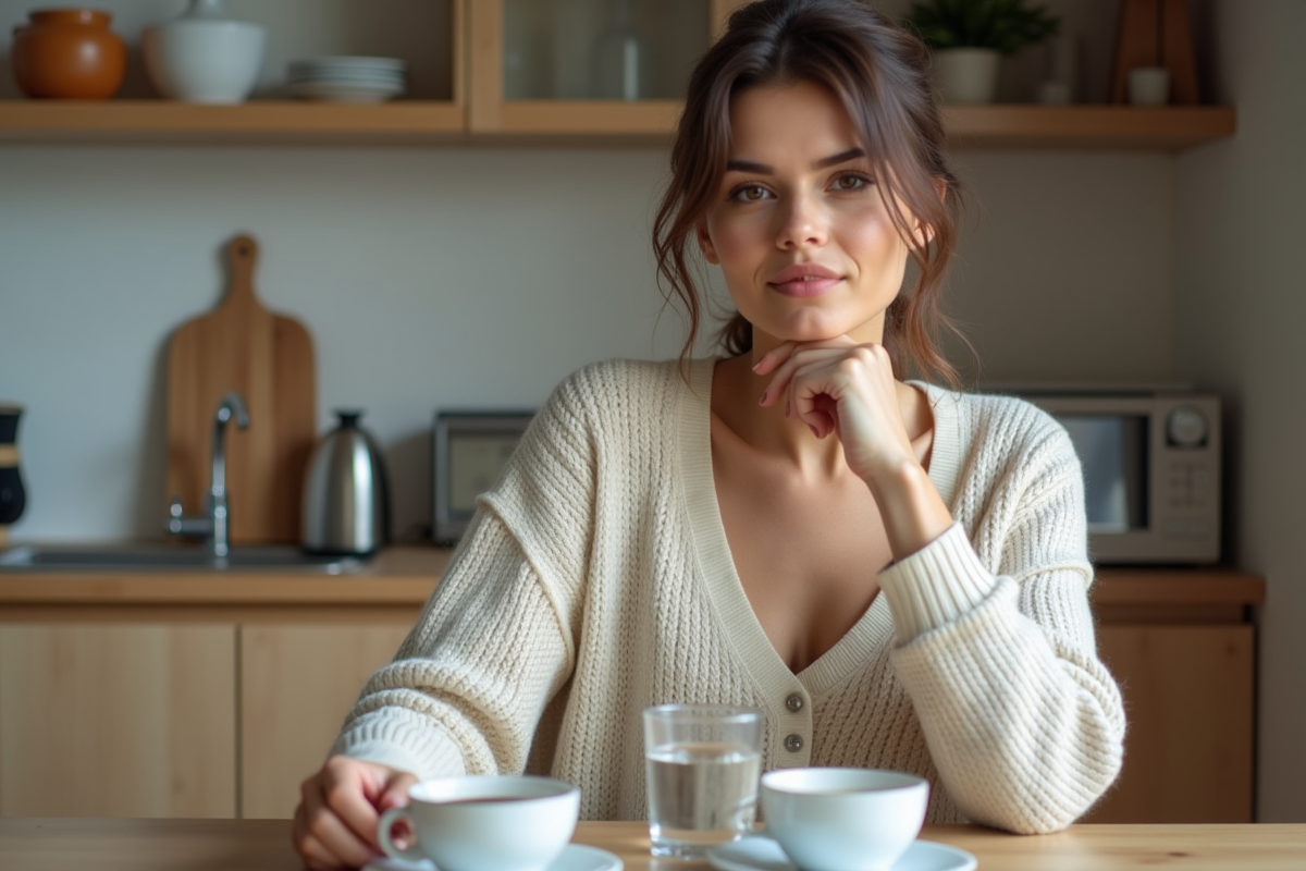 Femme détendue dans une cuisine moderne en sweater