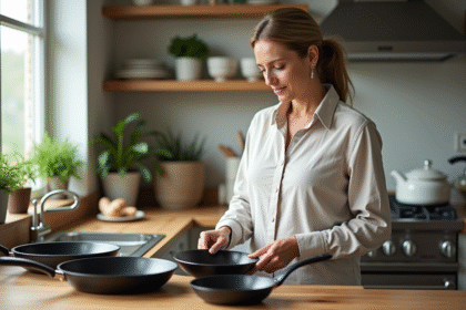 Femme inspectant des poêles dans une cuisine lumineuse